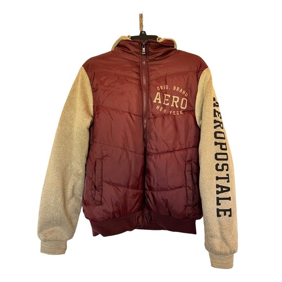 Aeropostale Hooded Varsity Bomber Large Jacket Quilted NWOT Maroon Beige - Picture 1 of 8